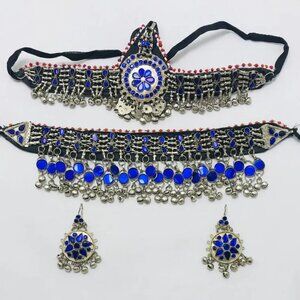 Afghan Blue Glass Stones Jewelry Set, Four Piece Kuchi Afghan Jewelry Set